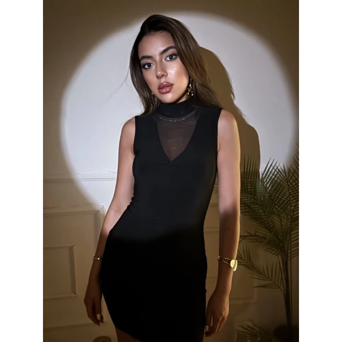 Kadın Balıkçı Yaka Tül Detay Kolsuz Mini Elbise