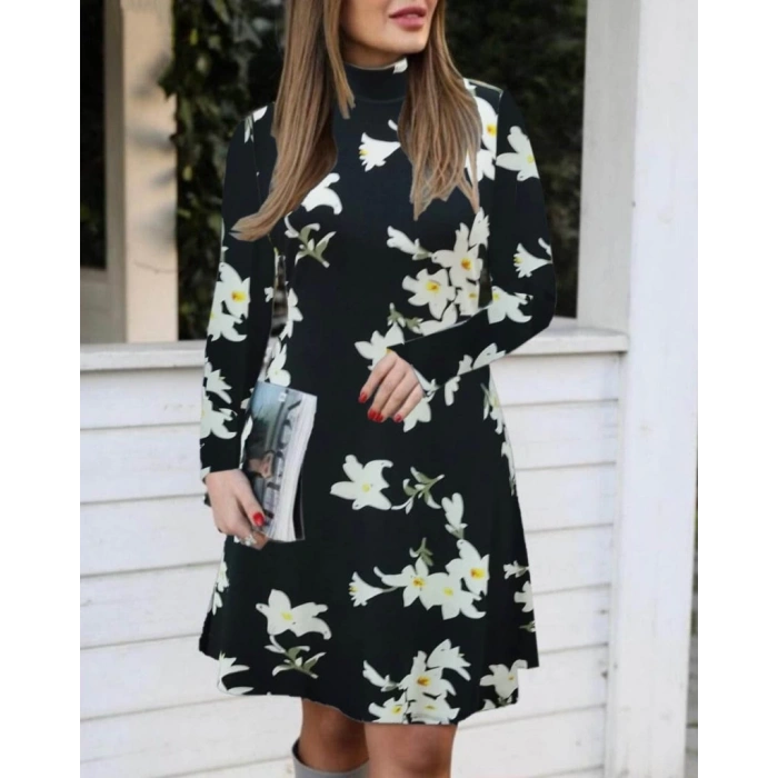 Kadın Balıkçı Yaka Uzun Kollu çiçek Desenli Krep Elbise