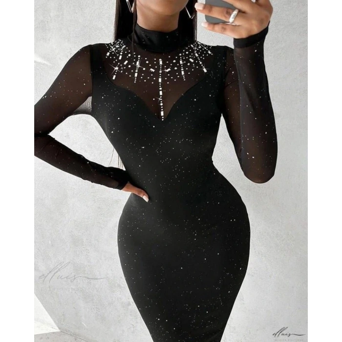 Kadın Balıkçı Yaka Uzun Kollu Rahat Param Ve Taş Detay Midi Boy Elbise