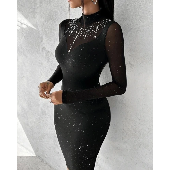 Kadın Balıkçı Yaka Uzun Kollu Rahat Param Ve Taş Detay Midi Boy Elbise