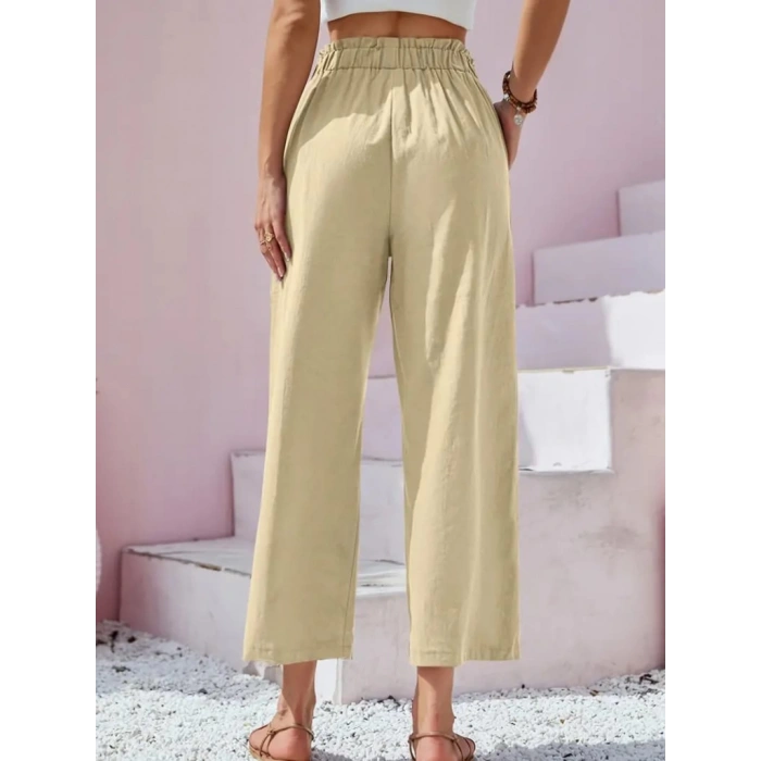 Kadın Bel Büzgü Ve Düğme Detay Kapri Keten Pantolon