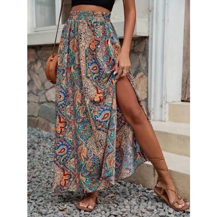 Kadın Beli Büzgülü Yandan Yırtmaçlı Desenli Süprem Etek