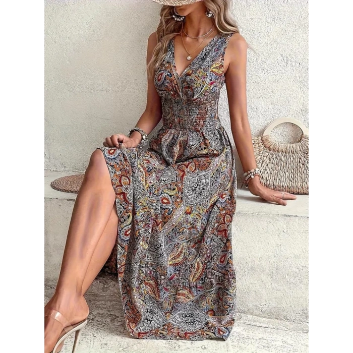 Kadın Beli Gipeli Etnik Desen Sıfır Kol Süprem Elbise