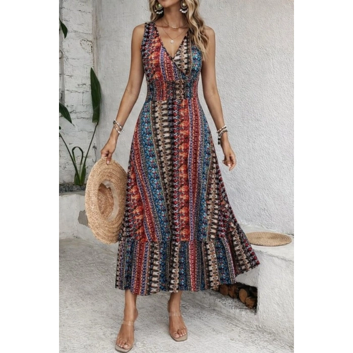 Kadın Beli Gipeli Etnik Desen Sıfır Kol Süprem Elbise