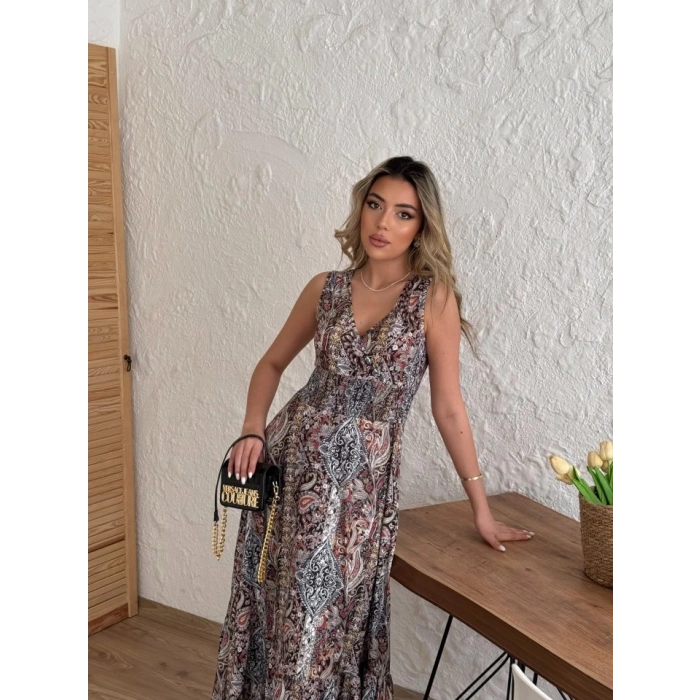 Kadın Beli Gipeli Etnik Desen Sıfır Kol Süprem Elbise