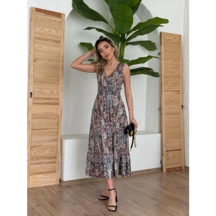 Kadın Beli Gipeli Etnik Desen Sıfır Kol Süprem Elbise