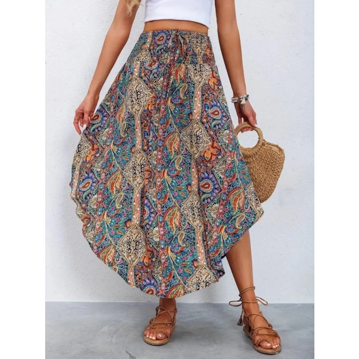 Kadın Beli Lastikli Bağcıklı Asimetrik Kesim Detaylı Desenli Bürümcük Etek