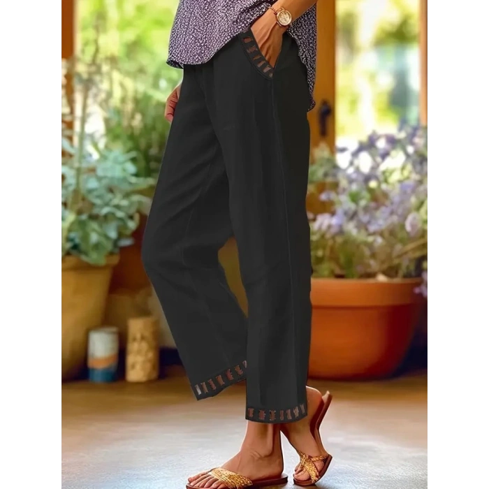 Kadın Beli Lastikli Bağcıklı Cep Ve Pantolon Ucu Güpür Detaylı Pantolon