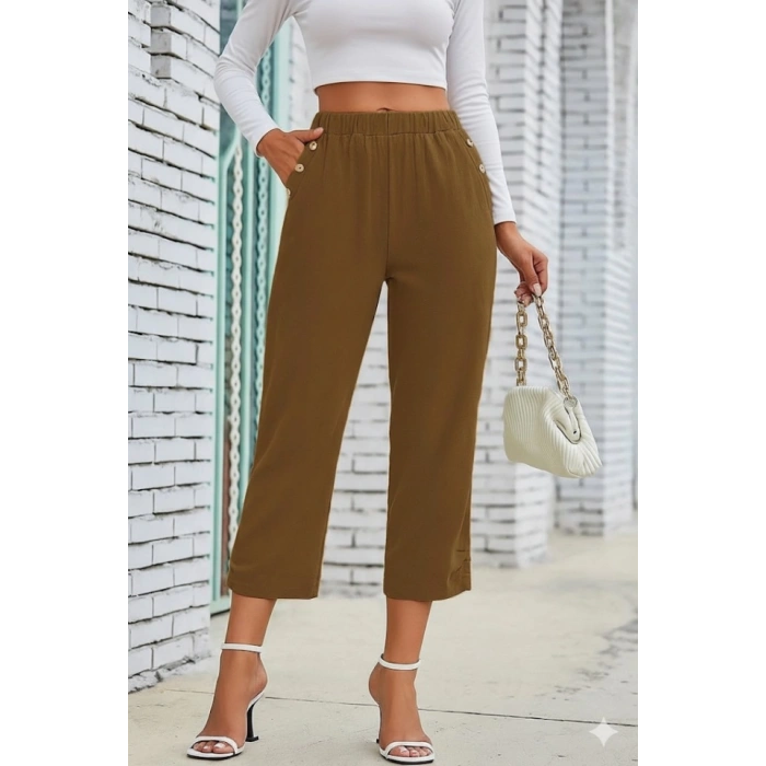 Kadın Beli Lastikli Düğme Ve Cep Detaylı Kapri Ithal Keten Pantolon