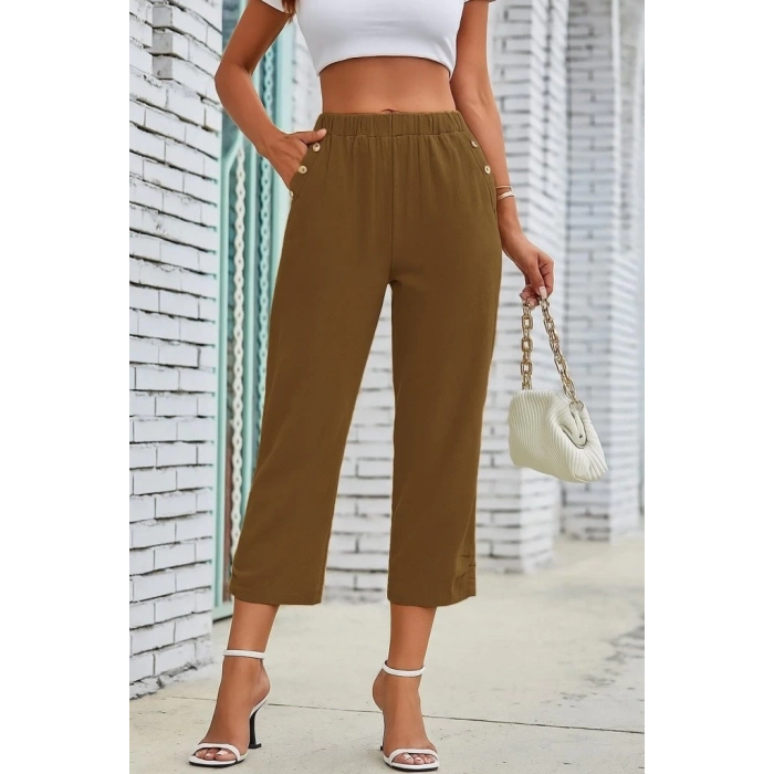 Kadın Beli Lastikli Düğme Ve Cep Detaylı Kapri Ithal Keten Pantolon