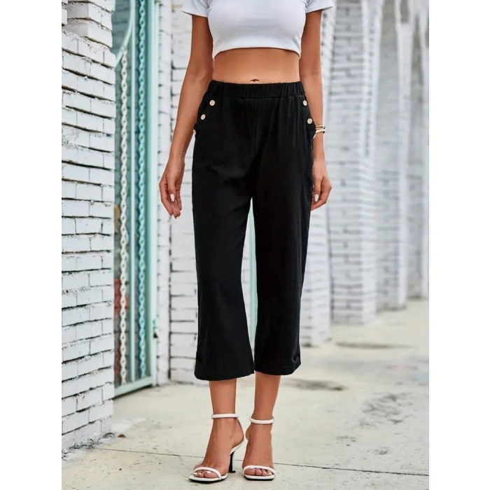 Kadın Beli Lastikli Düğme Ve Cep Detaylı Kapri Ithal Keten Pantolon