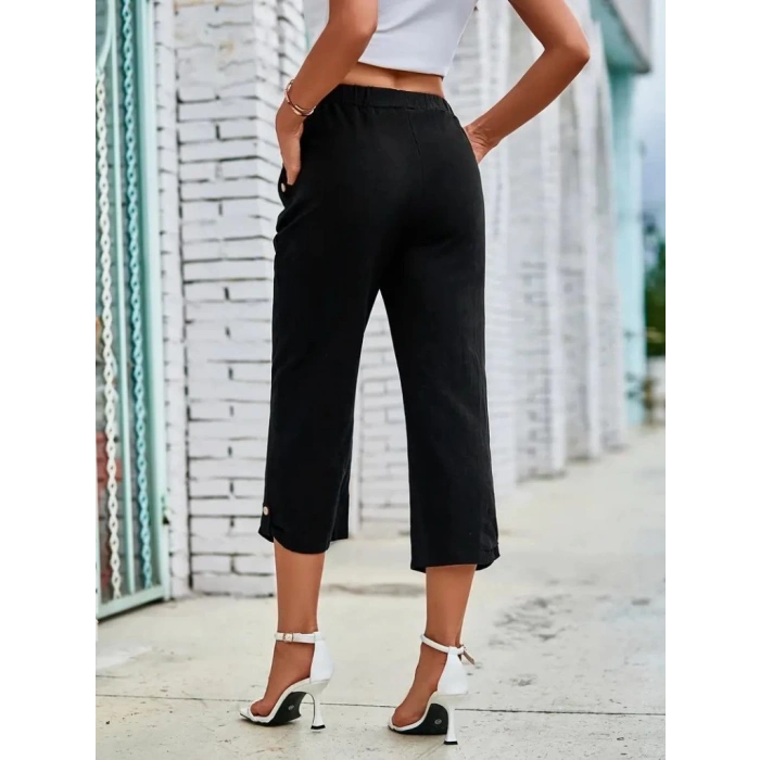 Kadın Beli Lastikli Düğme Ve Cep Detaylı Kapri Ithal Keten Pantolon
