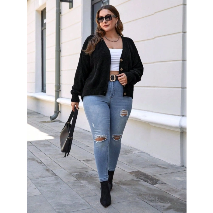 Kadın Beş Düğme Detay Büyük Beden Triko Hırka