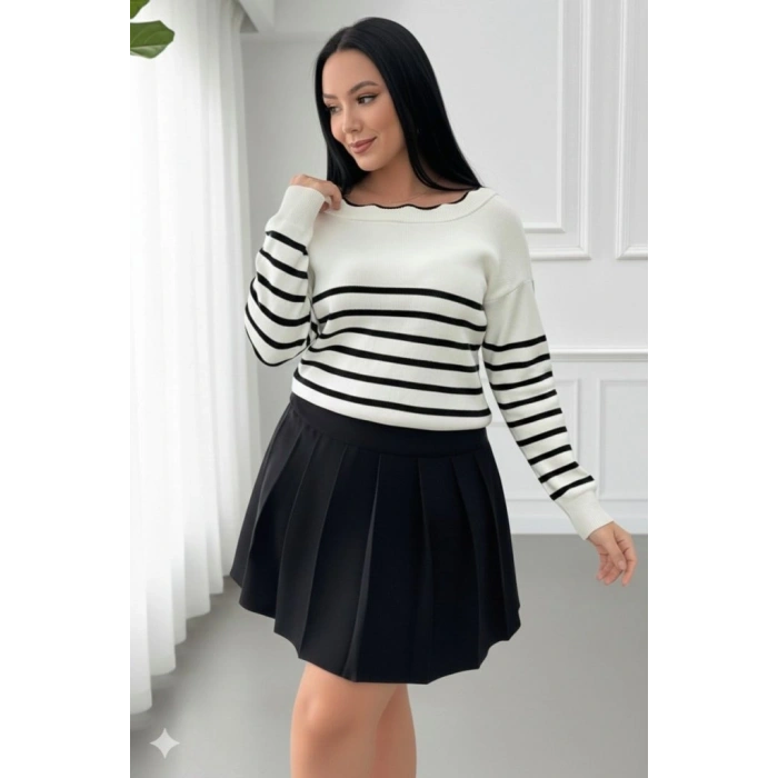 Kadın Beyaz Sırt Bağlama Detaylı çizgi Desen Triko Bluz