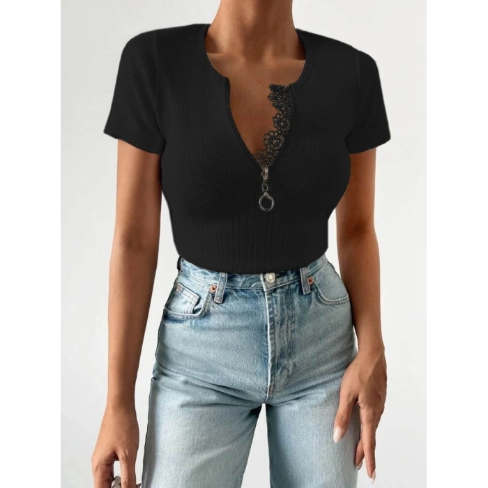 Kadın Beyaz Yaka Dantel Ve Fermuarlı Kaşkorse Bluz