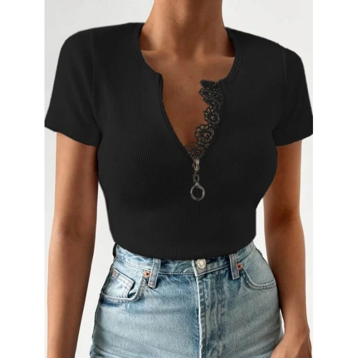 Kadın Beyaz Yaka Dantel Ve Fermuarlı Kaşkorse Bluz