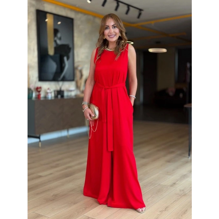 Kadın Bisiklet Yaka Beli Kuşak Detaylı Rahat Kesim Tulum