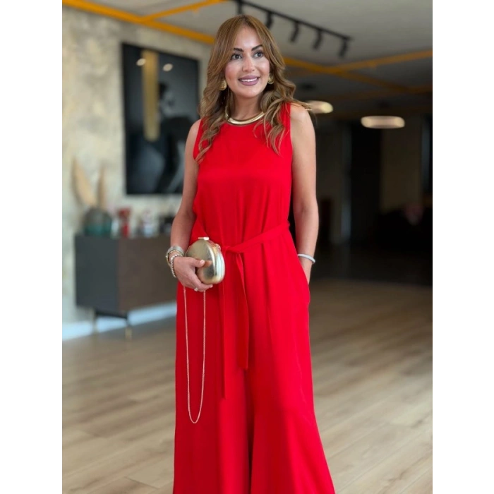 Kadın Bisiklet Yaka Beli Kuşak Detaylı Rahat Kesim Tulum