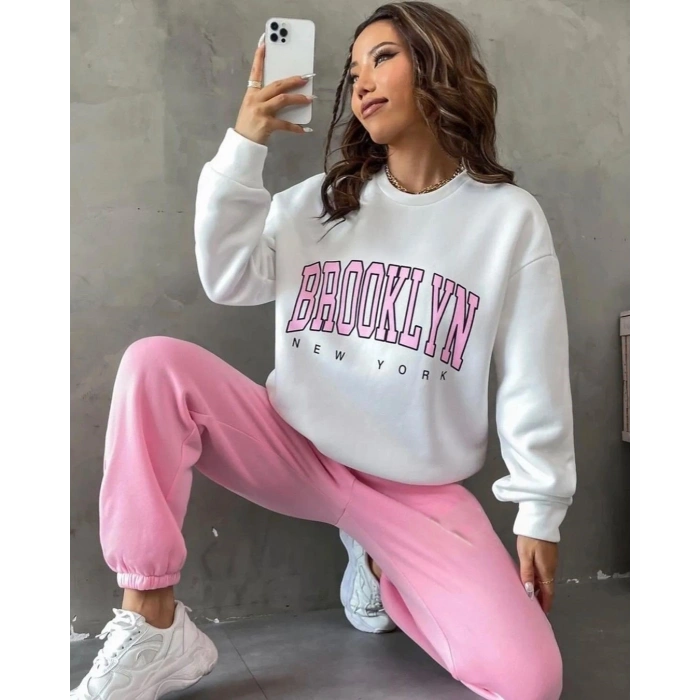 Kadın Bisiklet Yaka Brooklyn Baskılı üç Iplik Kumaş Sweat