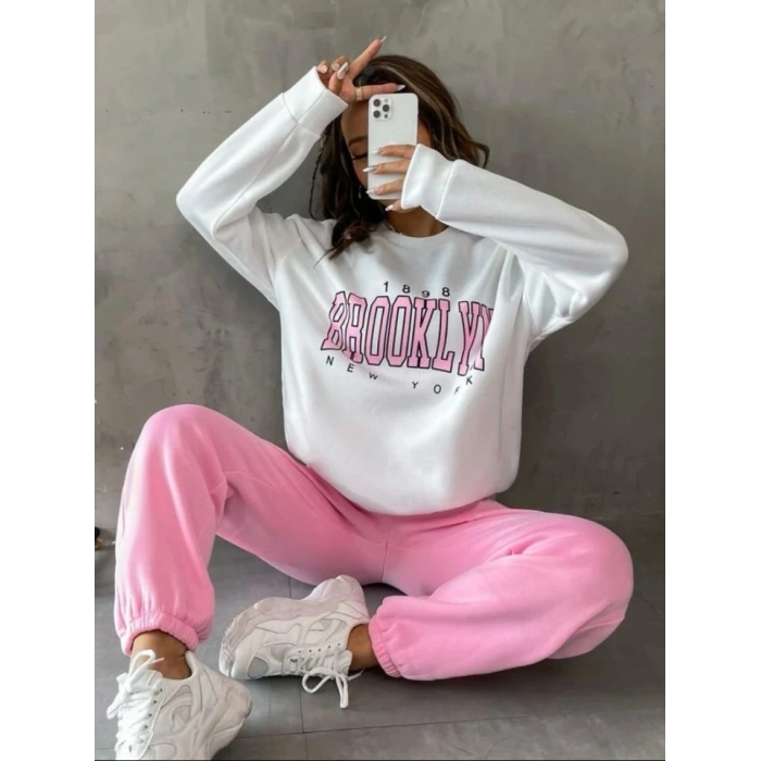 Kadın Bisiklet Yaka Brooklyn Baskılı üç Iplik Kumaş Sweat