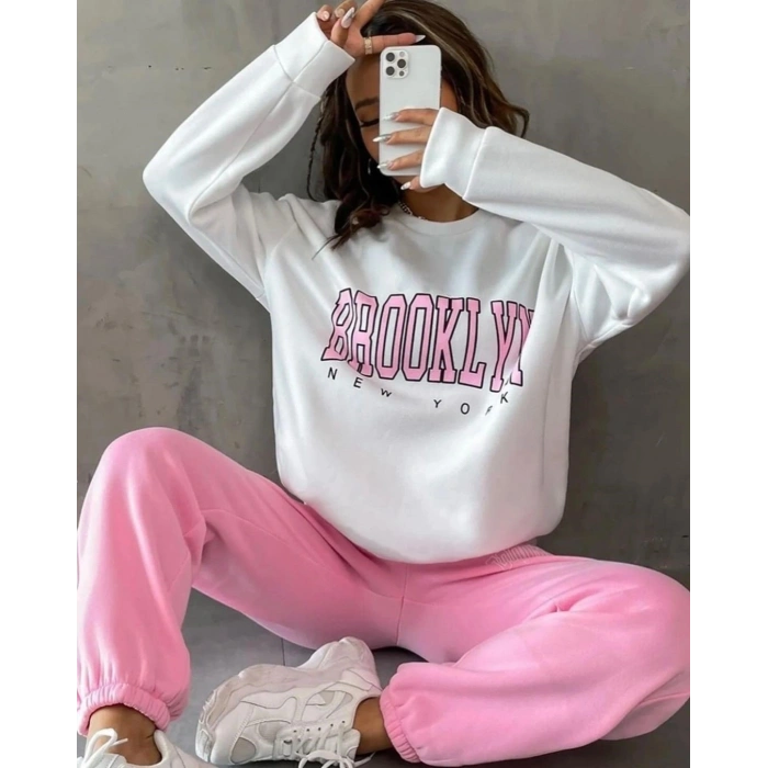 Kadın Bisiklet Yaka Brooklyn Baskılı üç Iplik Kumaş Sweat