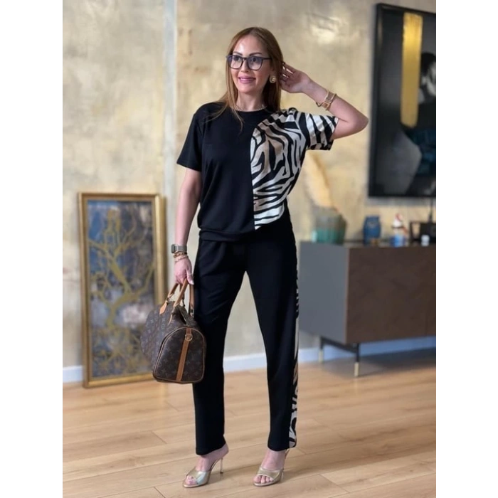 Kadın Bisiklet Yaka Kısa Kol Leopar Desen Bluz Ve Pantolon Ikili Takım