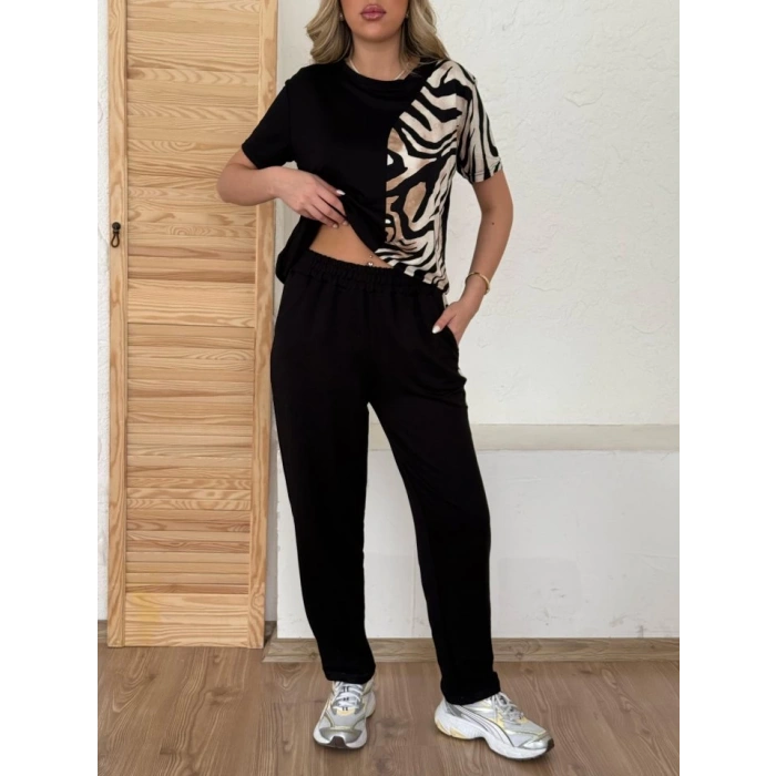 Kadın Bisiklet Yaka Kısa Kol Leopar Desen Bluz Ve Pantolon Ikili Takım