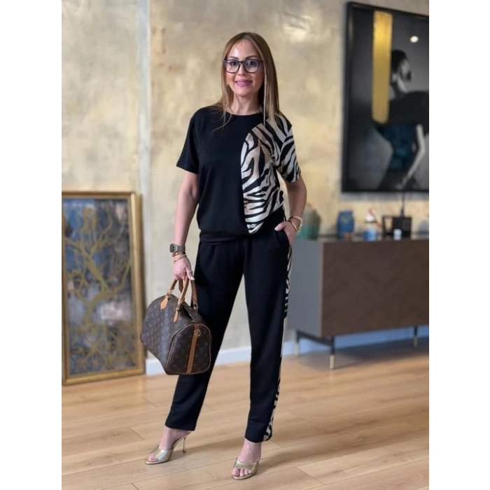 Kadın Bisiklet Yaka Kısa Kol Leopar Desen Bluz Ve Pantolon Ikili Takım