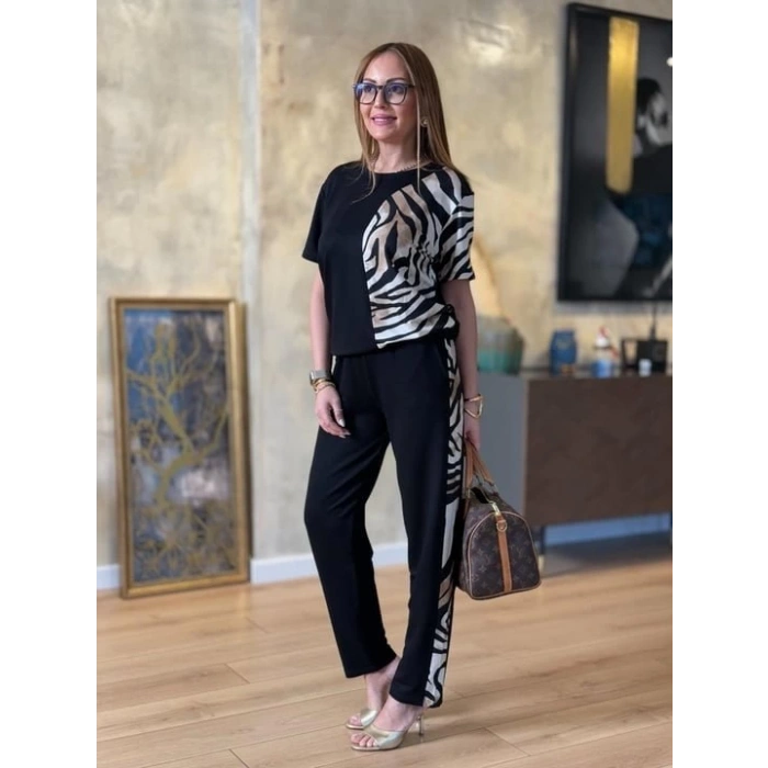 Kadın Bisiklet Yaka Kısa Kol Leopar Desen Bluz Ve Pantolon Ikili Takım