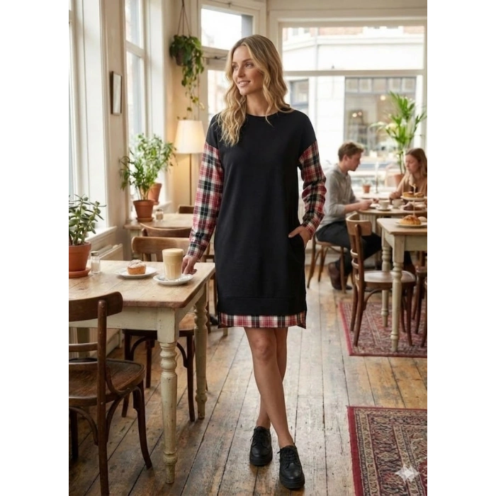 Kadın Bisiklet Yaka Kolları Ve Arkası Ekoseli Diz üstü Elbise