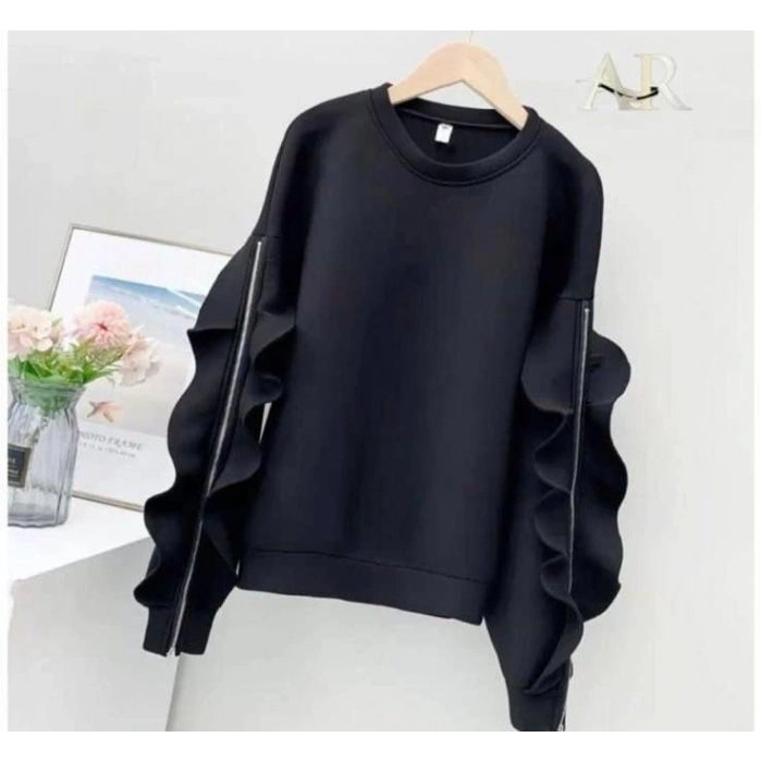 Kadın Bisiklet Yaka Kolları Volan Detay üç Iplik Kumaş Sweat