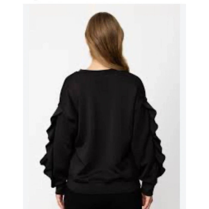 Kadın Bisiklet Yaka Kolları Volan Detay üç Iplik Kumaş Sweat