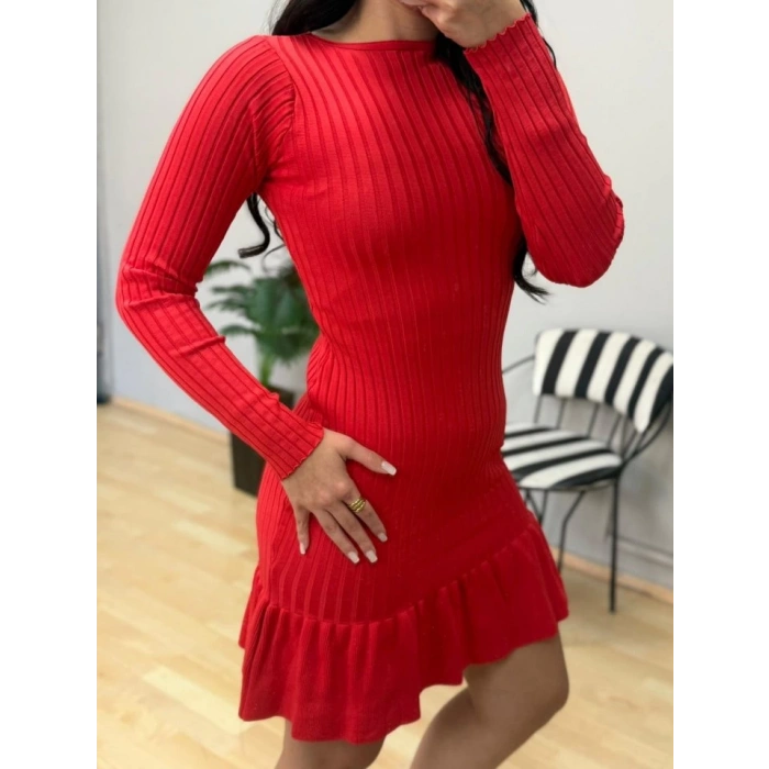 Kadın Bisiklet Yaka Uzun Kol Etek Ucu Fırfırlı Triko (polyenit) Mini Boy Elbise