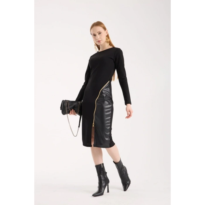 Kadın Bisiklet Yaka Uzun Kollu Deri Ve Fermuar Detay Mini Yırtmaçlı Elbise