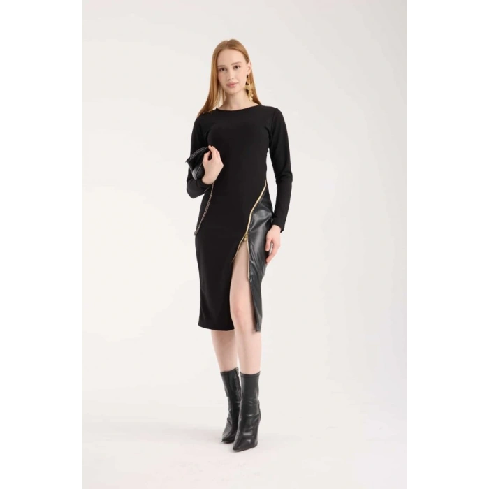 Kadın Bisiklet Yaka Uzun Kollu Deri Ve Fermuar Detay Mini Yırtmaçlı Elbise