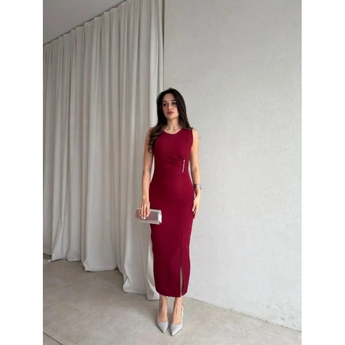 Kadin Bisiklet Yaka Yandanda Kulplu Yirtmac Detay Maxi Boy Elbise