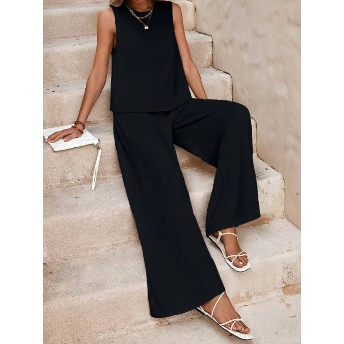 Kadın Biziklet Yaka Kolsuz Bluz Ve Salaş Ispanyol Paça Aerobin Kumaş Ikili Takım