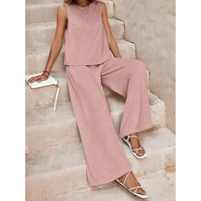 Kadın Biziklet Yaka Kolsuz Bluz Ve Salaş Ispanyol Paça Aerobin Kumaş Ikili Takım