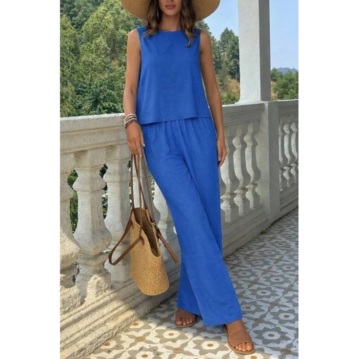 Kadın Biziklet Yaka Kolsuz Bluz Ve Salaş Ispanyol Paça Aerobin Kumaş Ikili Takım