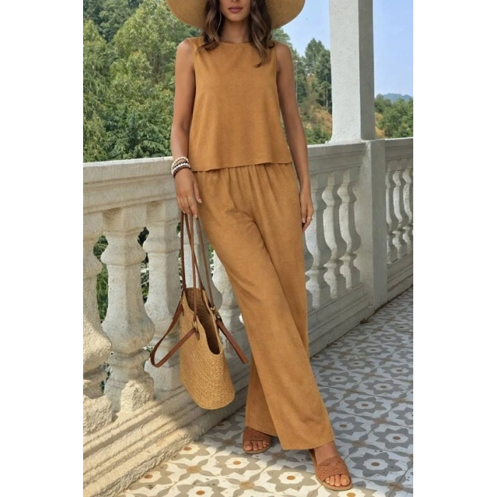 Kadın Biziklet Yaka Kolsuz Bluz Ve Salaş Ispanyol Paça Aerobin Kumaş Ikili Takım