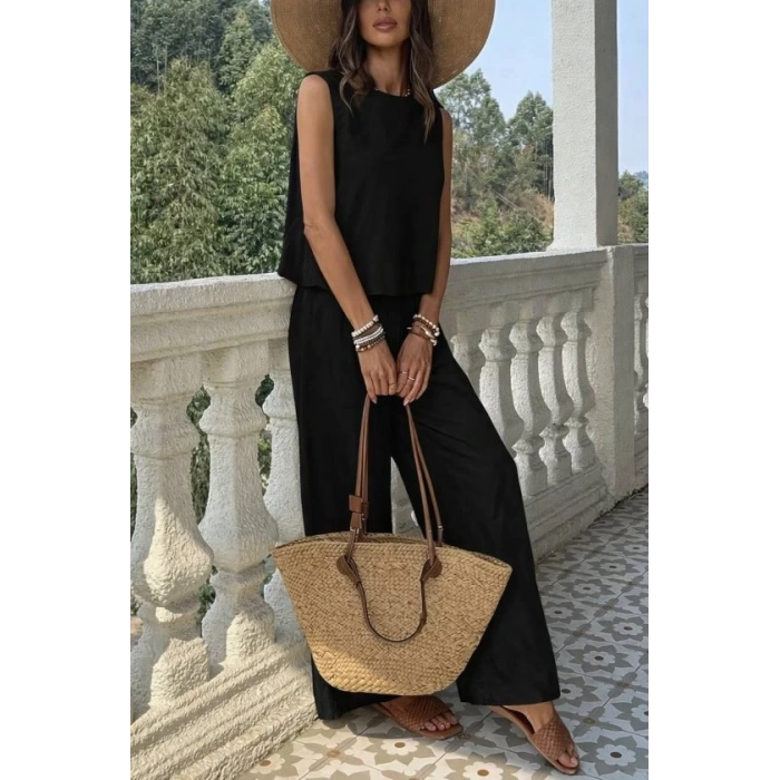 Kadın Biziklet Yaka Kolsuz Bluz Ve Salaş Ispanyol Paça Aerobin Kumaş Ikili Takım