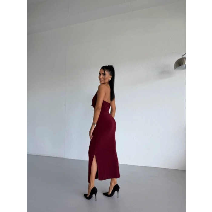 Kadın Boyun Aksesuarlı Halter Yaka Maxi Boy Sandy Kumaş Elbise