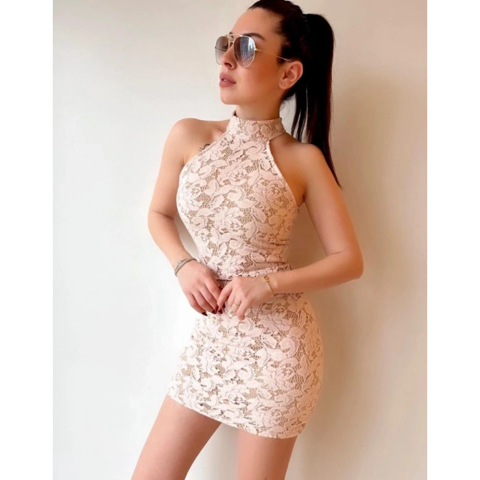 Kadın Boyun Bağlamalı Full Likralı Astarlı Dantel Mini Elbise