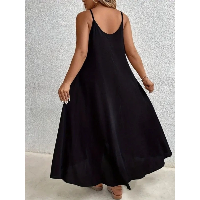 Kadın Boyundan Askılı Damla Detaylı Halkalı Asimetrik Kesim Viskon Elbise