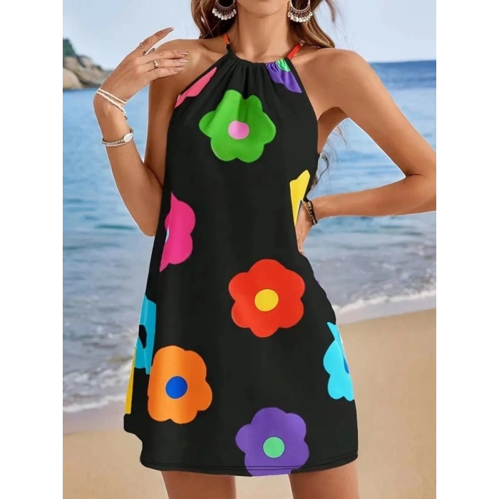 Kadın Boyundan Askılı Kolsuz çiçek Desenli Süprem Elbise