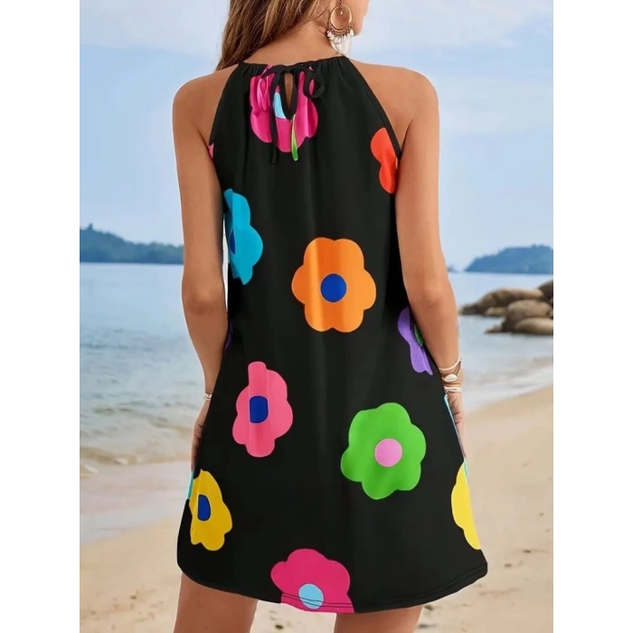 Kadın Boyundan Askılı Kolsuz çiçek Desenli Süprem Elbise