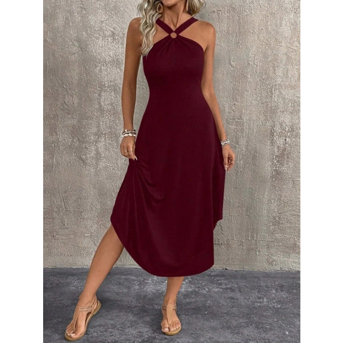 Kadın Boyundan çapraz Askılı Halka Detaylı Asimetrik Kesim Viskon Elbise