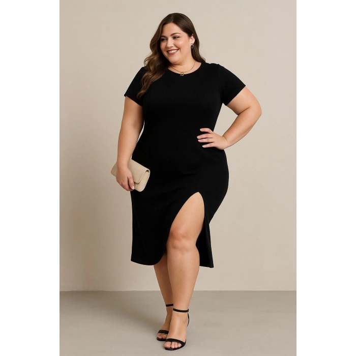 Kadın Büyük Beden Kısa Kollu Yanı Yırtmaçlı Bisiklet Yaka Viskon Elbise