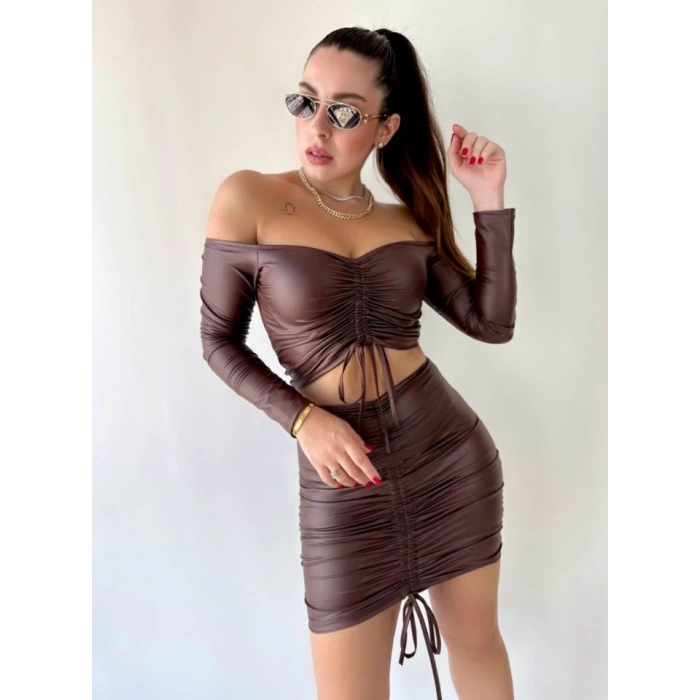 Kadın Büzgülü Deri Etek Takım Fırsat Ürün