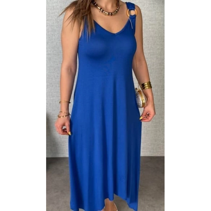 Kadın çan Dokuma Kumaş V Yaka Asimetrik Kesim Elbise